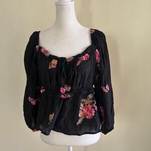 Wild Moss Crop Top Babydoll Black Floral Embroidered 90s Y2K Whimigoth Elastic